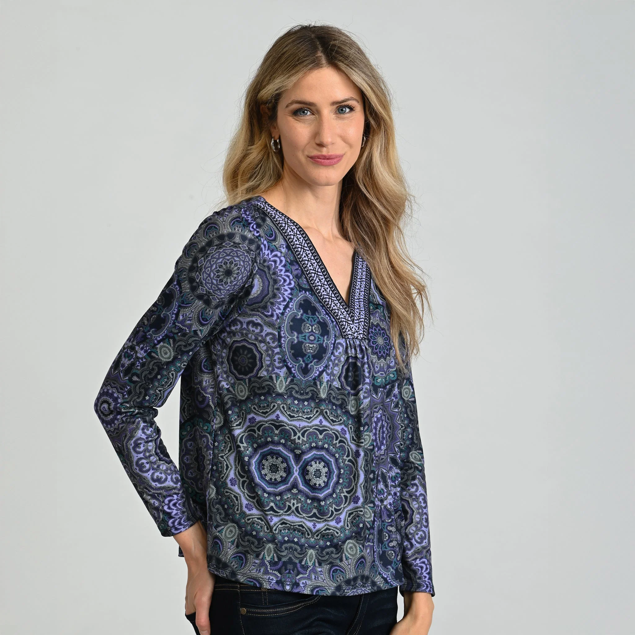 Christopher & Banks Printed Braid Trim V Neck Top - Image 4