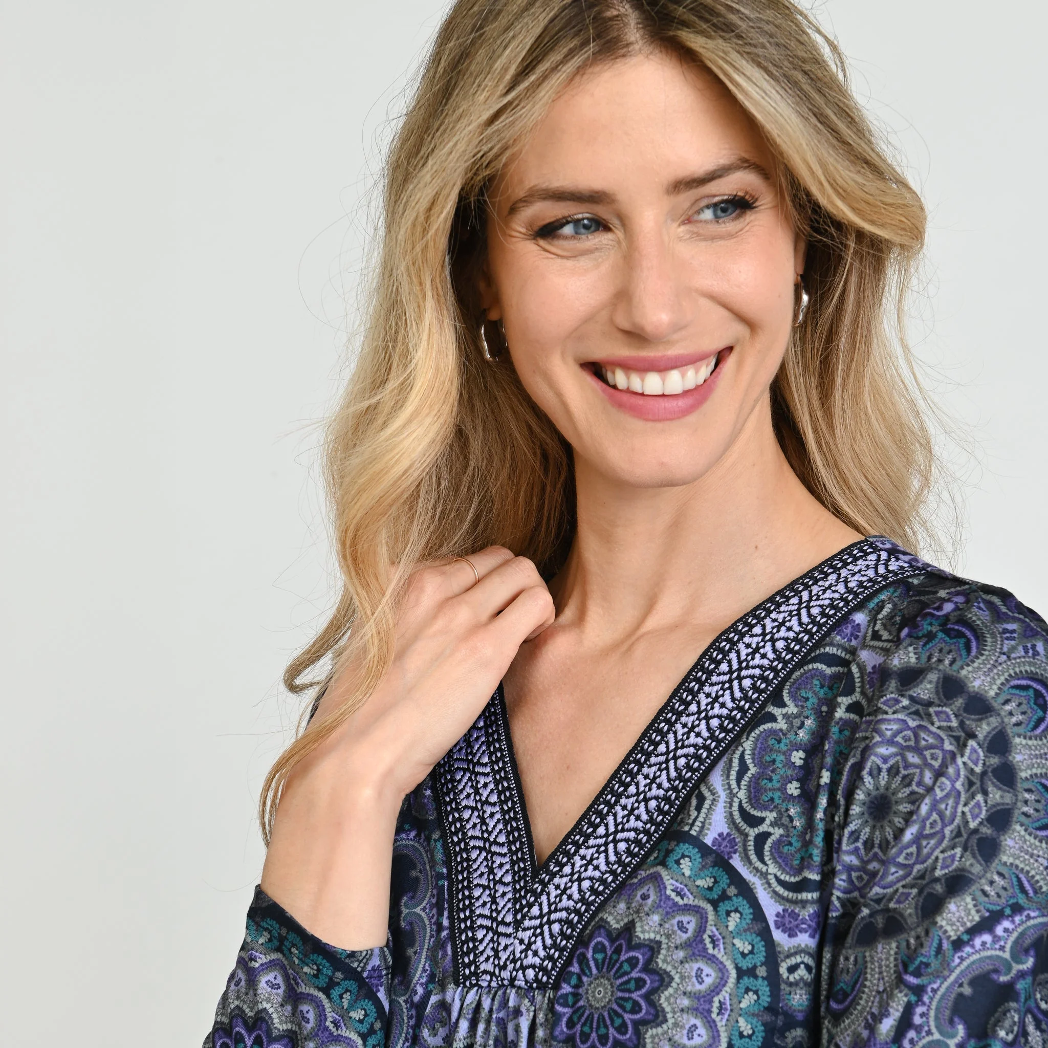 Christopher & Banks Printed Braid Trim V Neck Top - Image 5