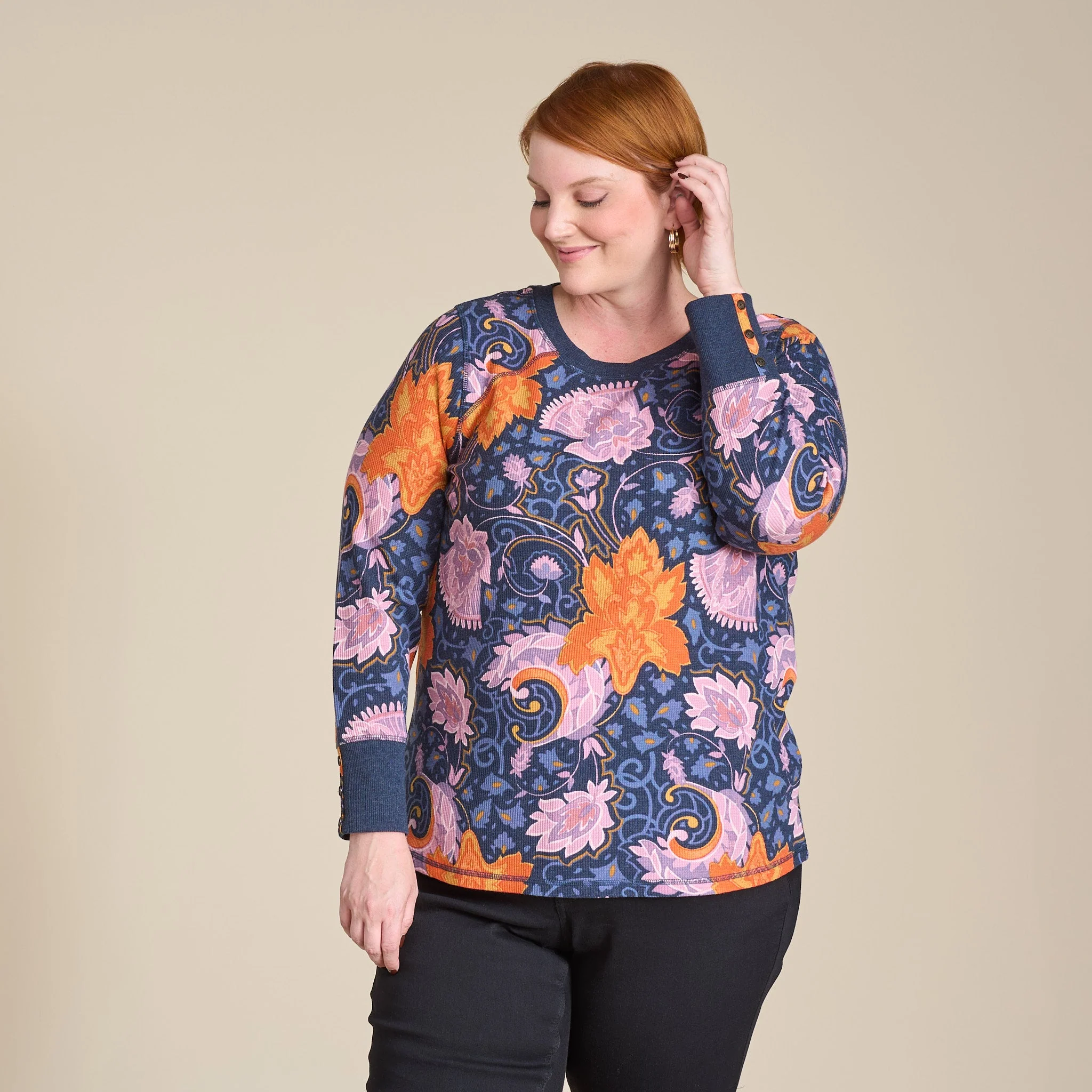Christopher & Banks Printed Button Cuff Thermal Tee - Image 14