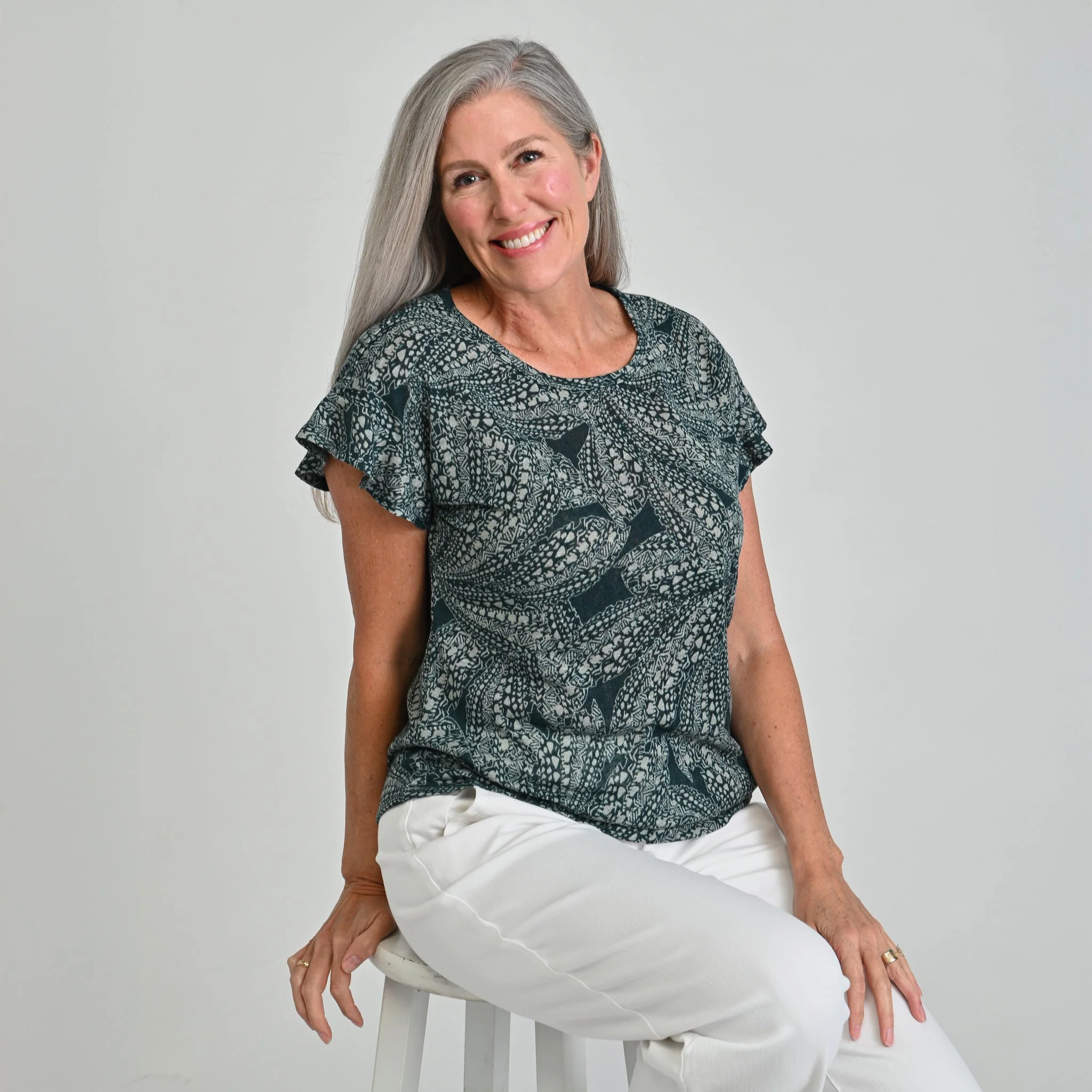 Christopher & Banks Printed Flutter Sleeve Jewel Neck Tee - Image 2