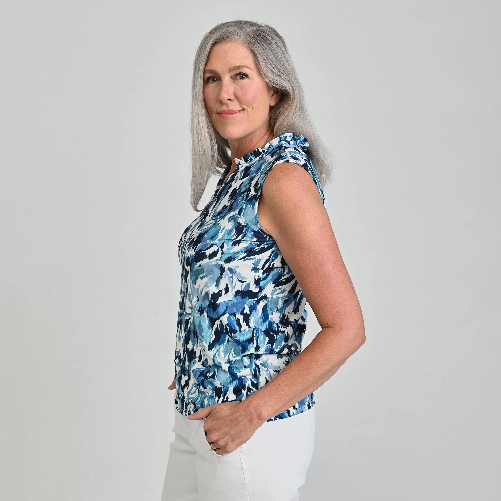 Christopher & Banks Printed Ruffle Neck Sleeveless Top - Image 3