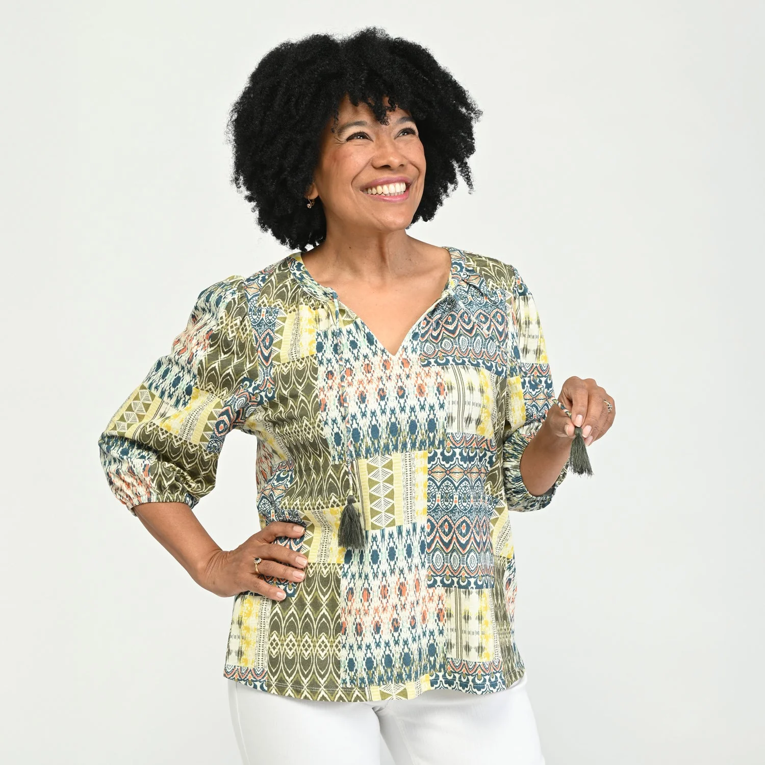Christopher & Banks Printed Tie Neck 3/4 Sleeve Top - Image 2