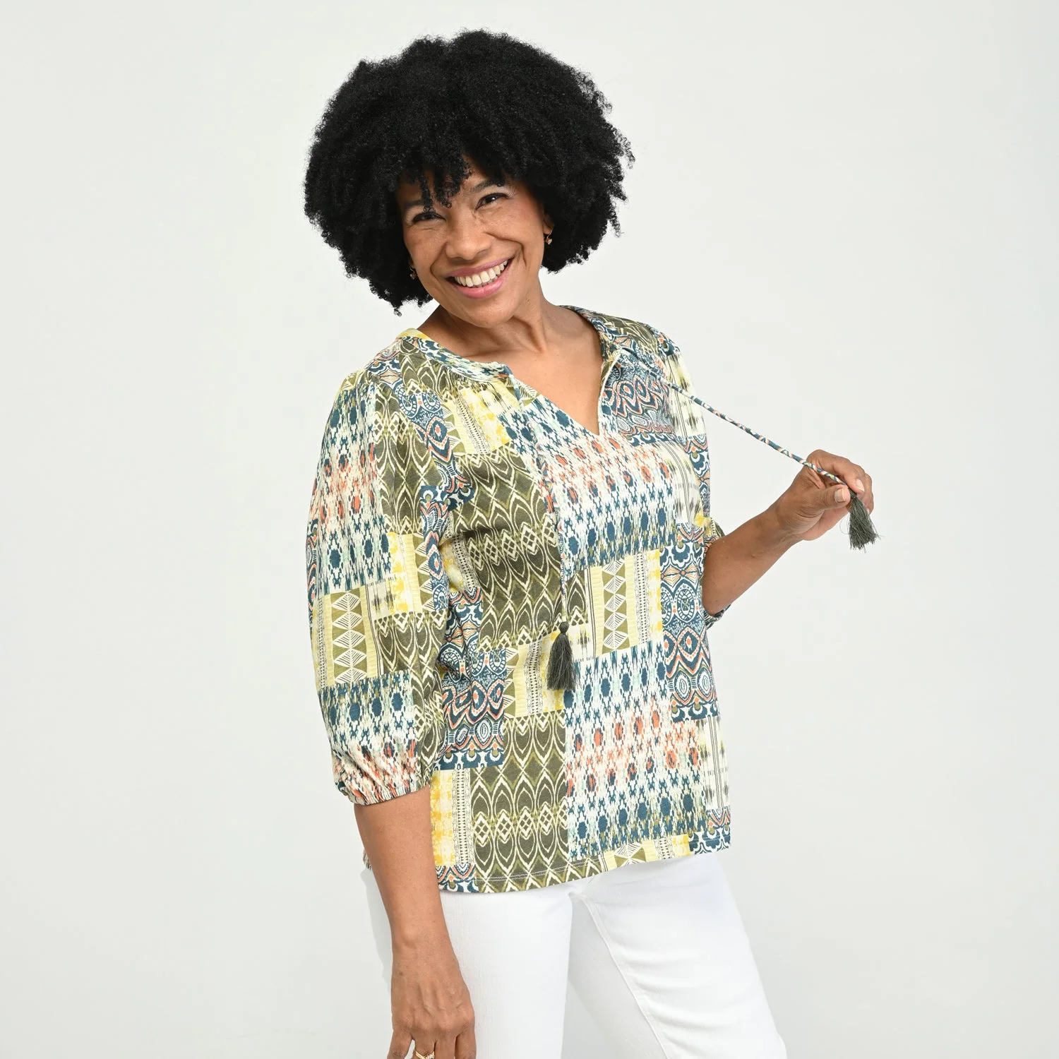 Christopher & Banks Printed Tie Neck 3/4 Sleeve Top - Image 4