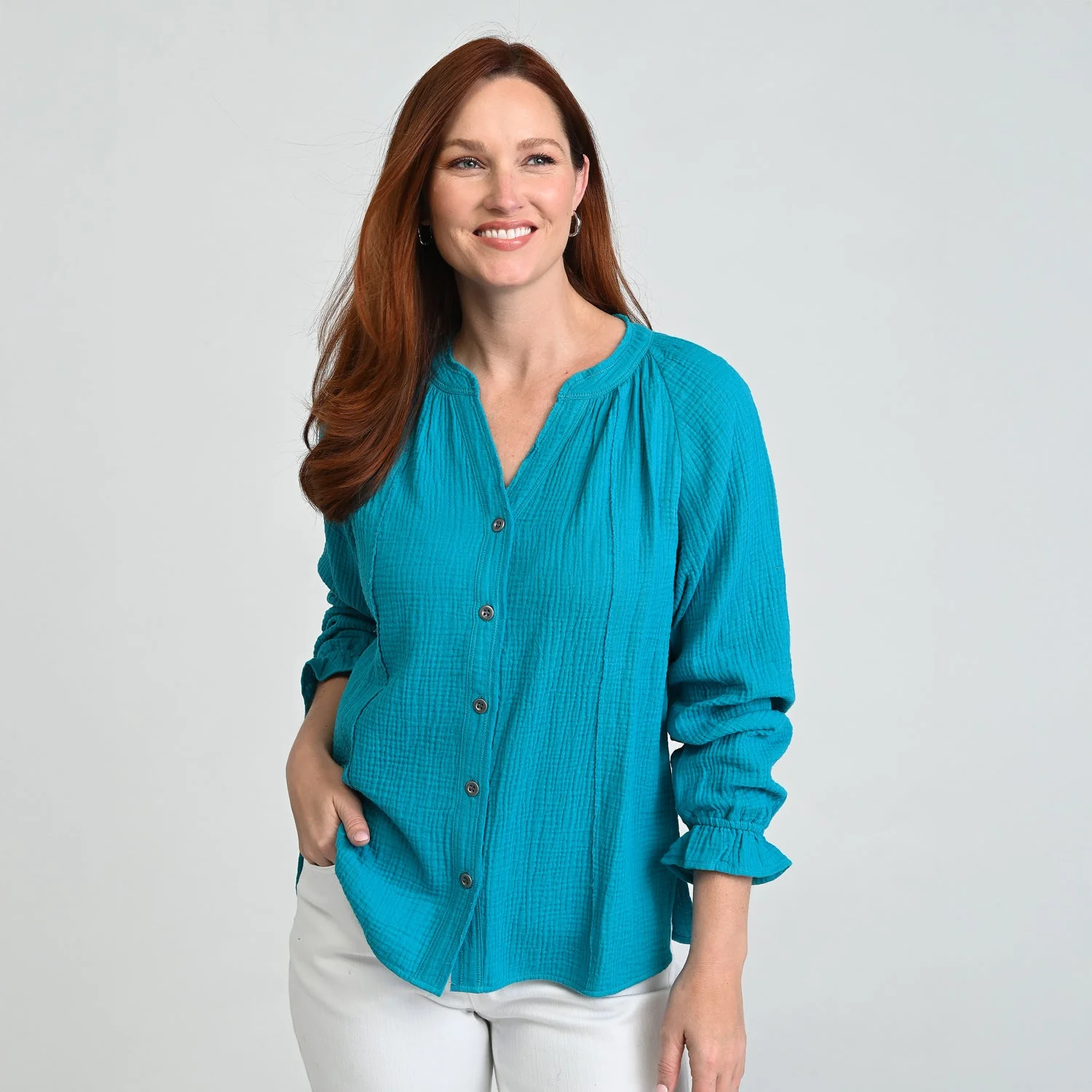 Christopher & Banks Raw Edge Y Neck Button Front Shirt - Image 4