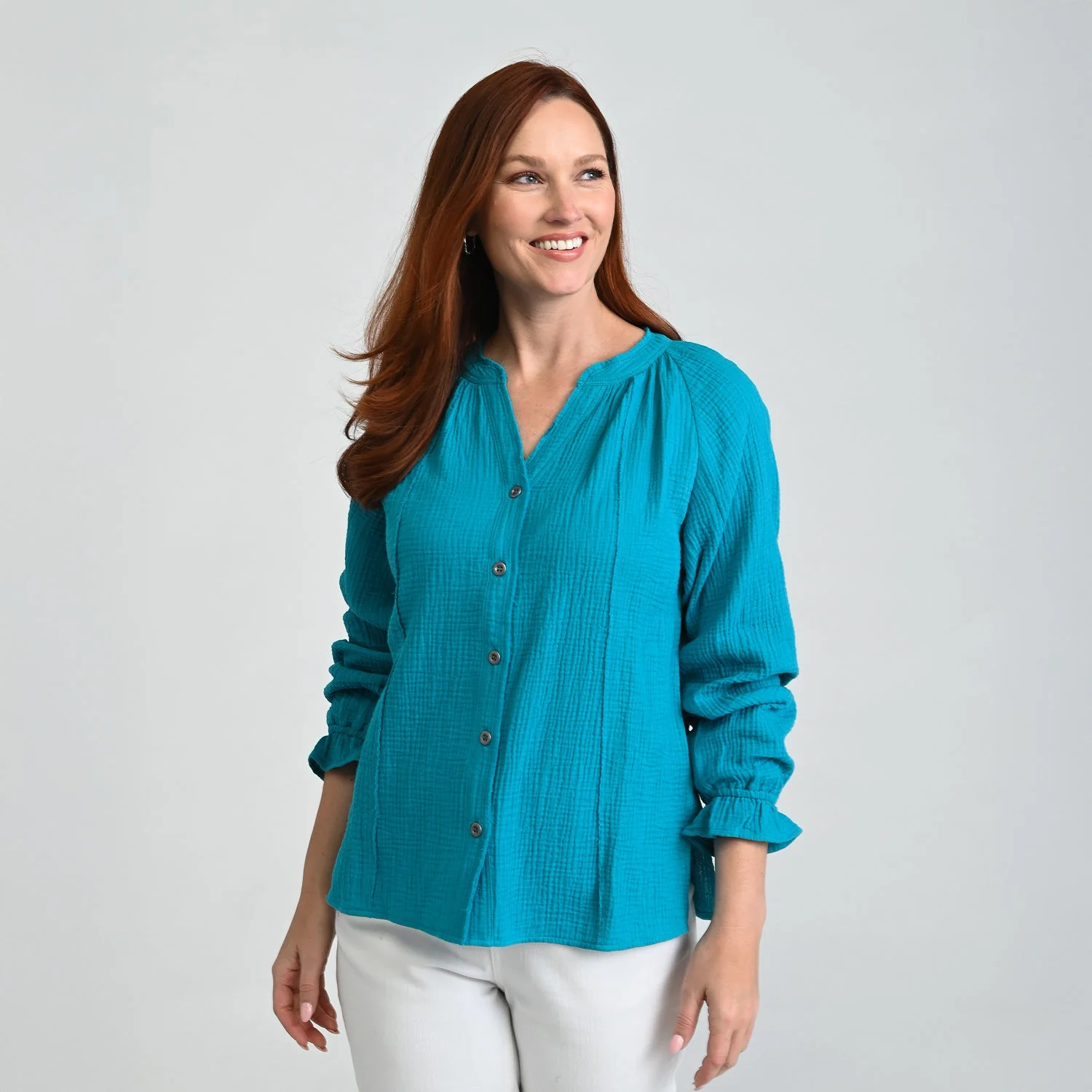 Christopher & Banks Raw Edge Y Neck Button Front Shirt - Image 8
