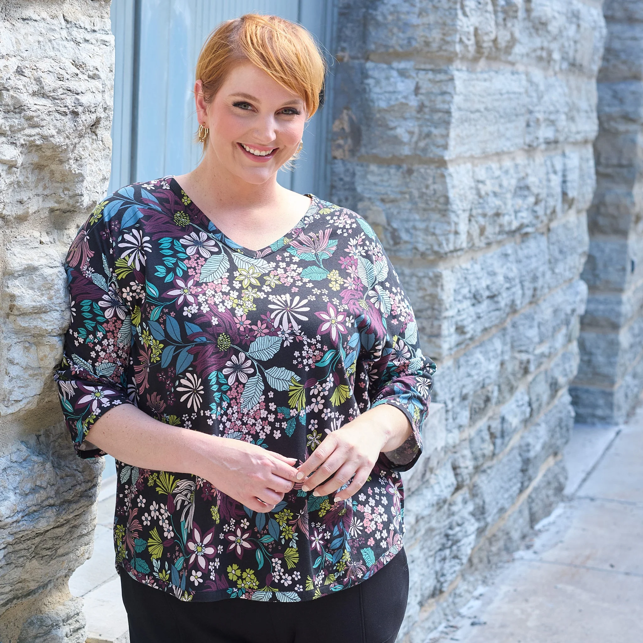 Christopher & Banks Relaxed Restyled Floral Print 3/4 Sleeve Tee - Image 2