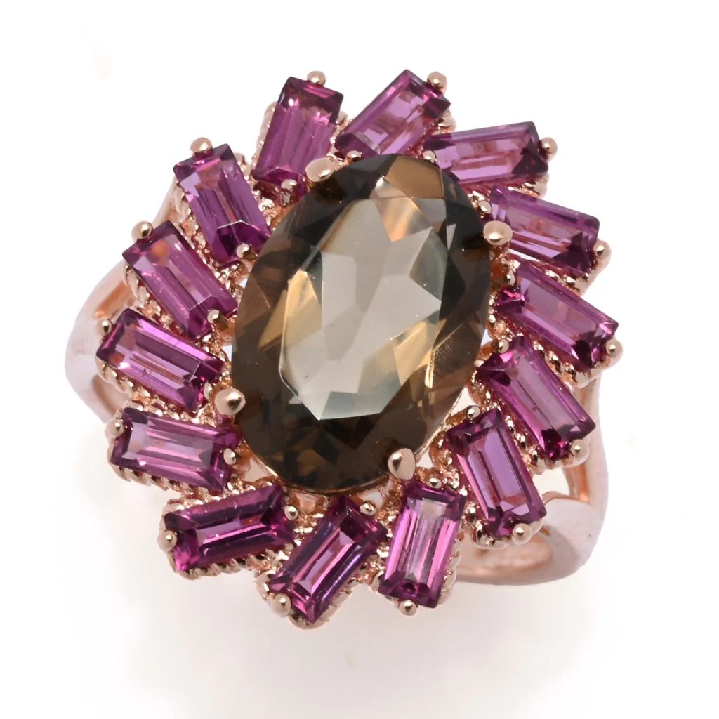 Rose Gold Plated Choice of Gemstone Oval & Baguette Cluster Halo Ring - Image 2