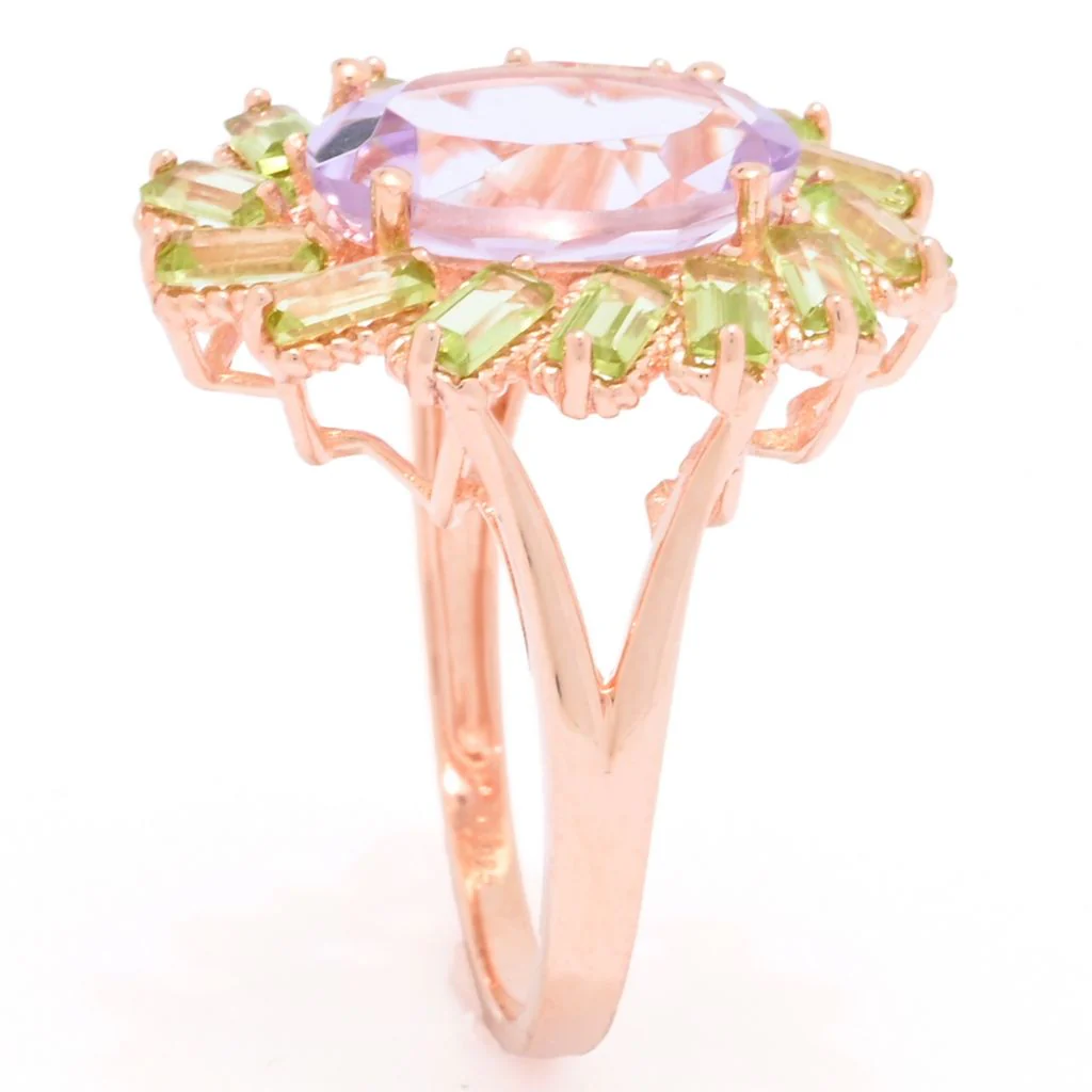 Rose Gold Plated Choice of Gemstone Oval & Baguette Cluster Halo Ring - Image 3