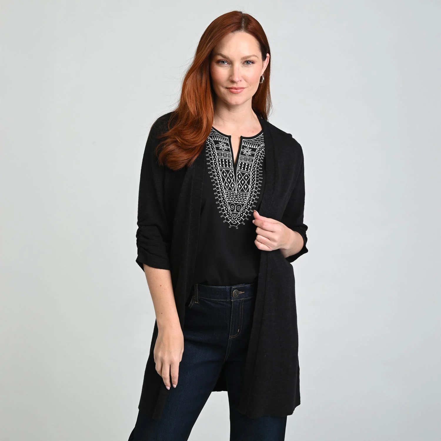 Christopher & Banks Ruched ¾ Sleeve Textured Cardigan - Image 2