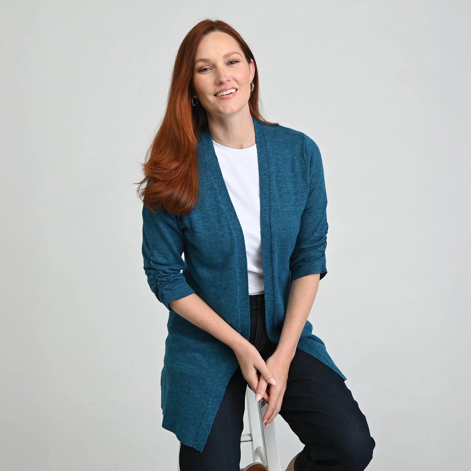 Christopher & Banks Ruched ¾ Sleeve Textured Cardigan - Image 3