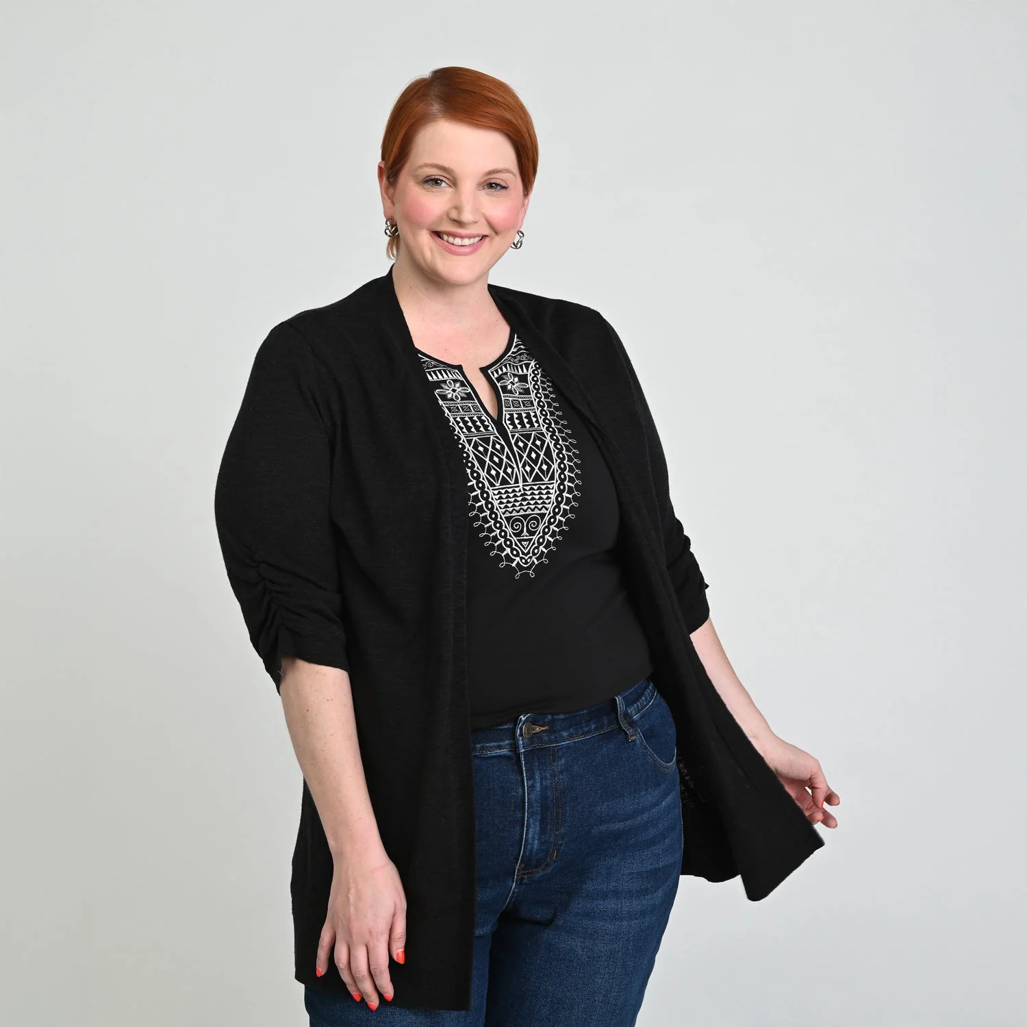 Christopher & Banks Ruched ¾ Sleeve Textured Cardigan - Image 9