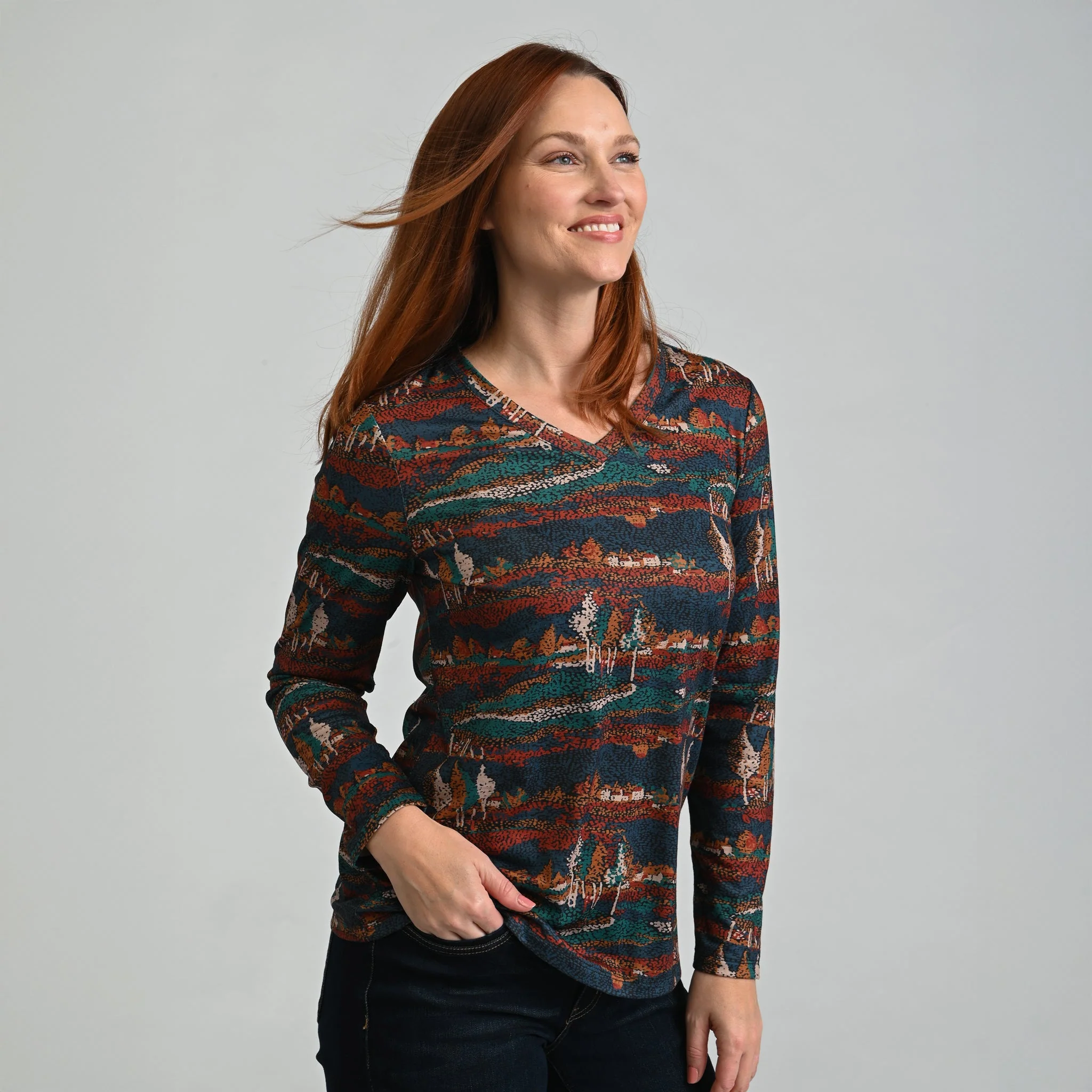 Christopher & Banks Scenic Print V Neck Long Sleeve Tee - Image 3