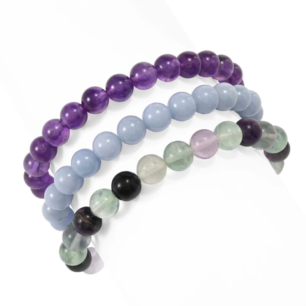 Set of 3 Hand Strung 8mm Gemstone Bead Mantra Stretch Bracelets - Image 3