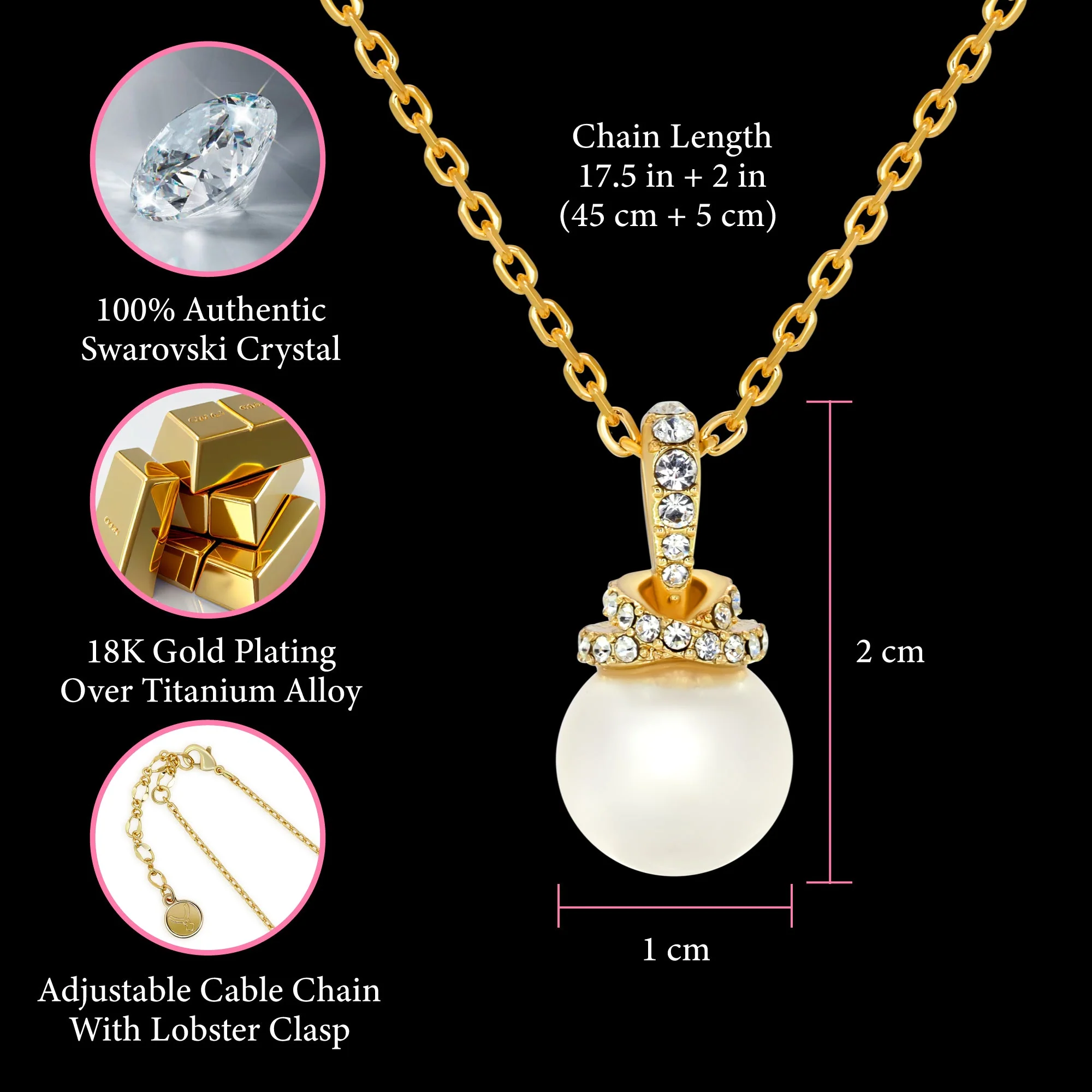 TRYNDI 18K Gold Plated "Radiant" 10mm Pearl Swarovski Crystal Necklace - Image 3
