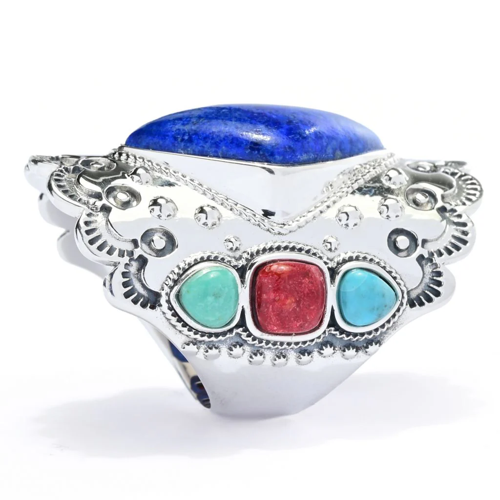 Southwest Elements Lapis, Mohave Kingman Turquoise & Red Coral Ring - Image 2