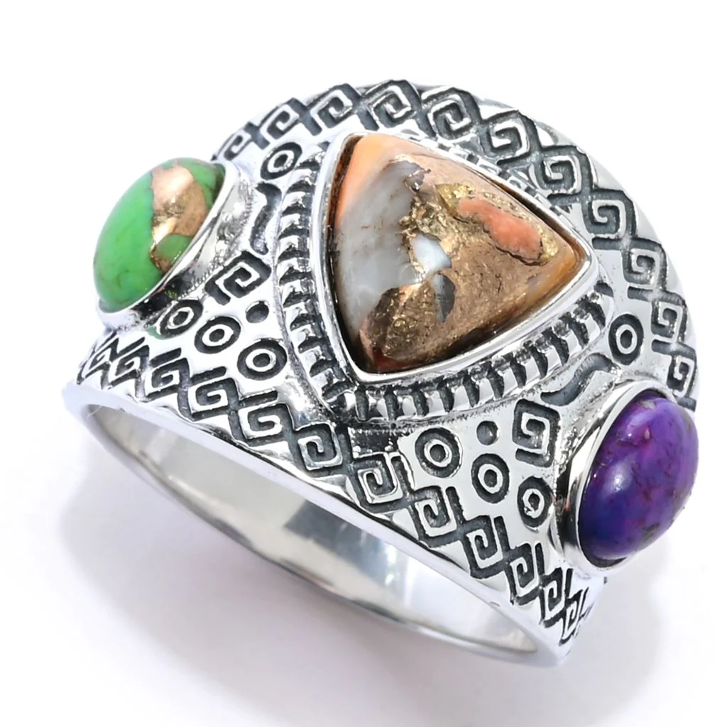 Southwest Elements Sterling Silver Choice of Mohave Turquoise 3-Stone Ring - Image 2