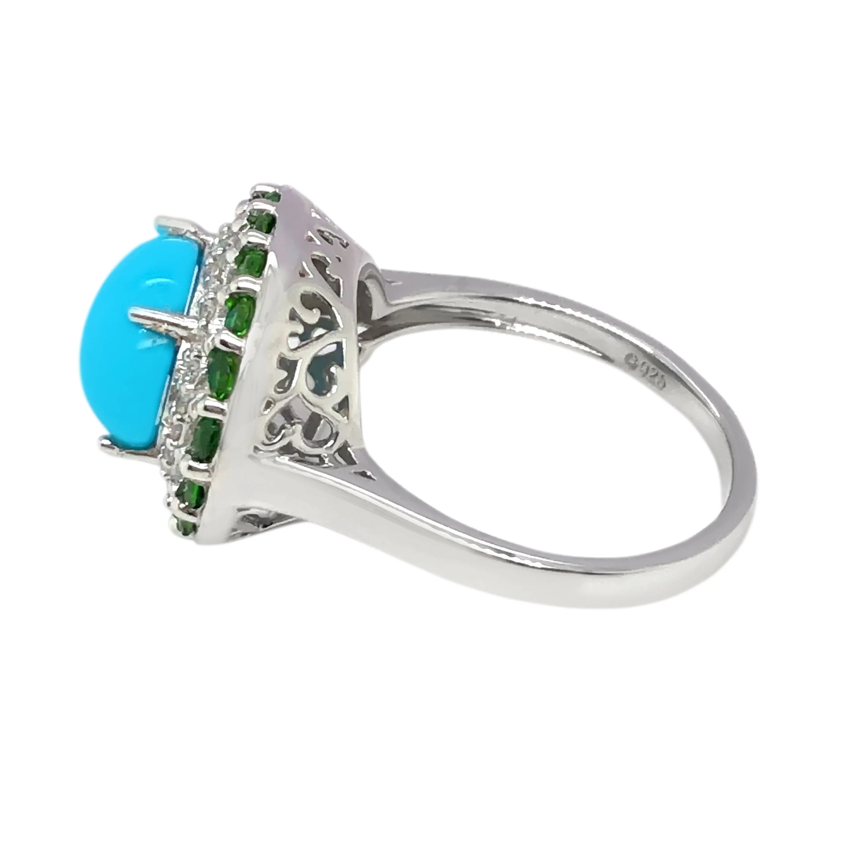 Sterling Silver 10x8mm Oval Sleeping Beauty Turq & Gemstone Halo East-West Ring - Image 3