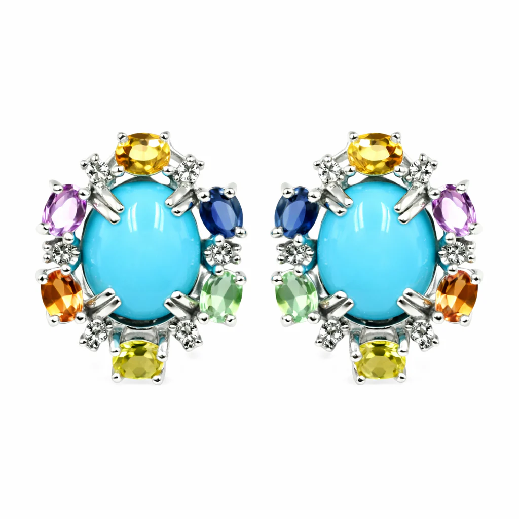 Sterling Silver 10x8mm Sleeping Beauty Turq & Multi-Sapphire Stud Earrings - Image 2