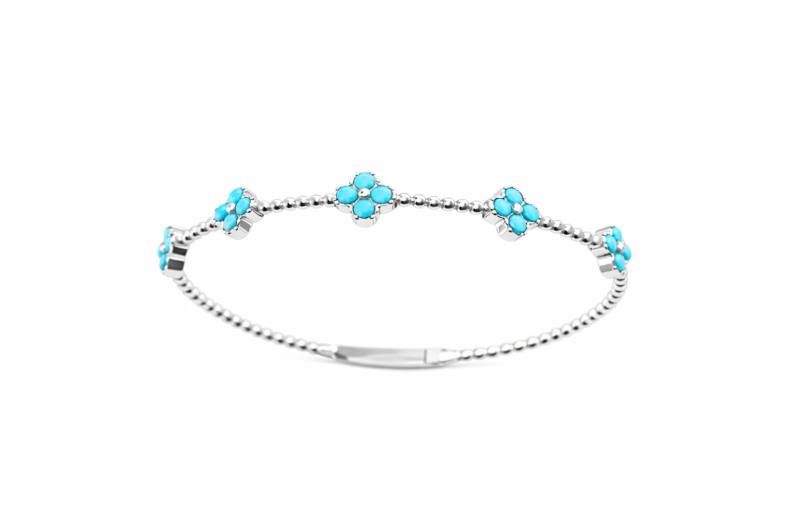 Sterling Silver 2mm Round Sleeping Beauty Turq Cluster Beaded Bangle Bracelet - Image 3