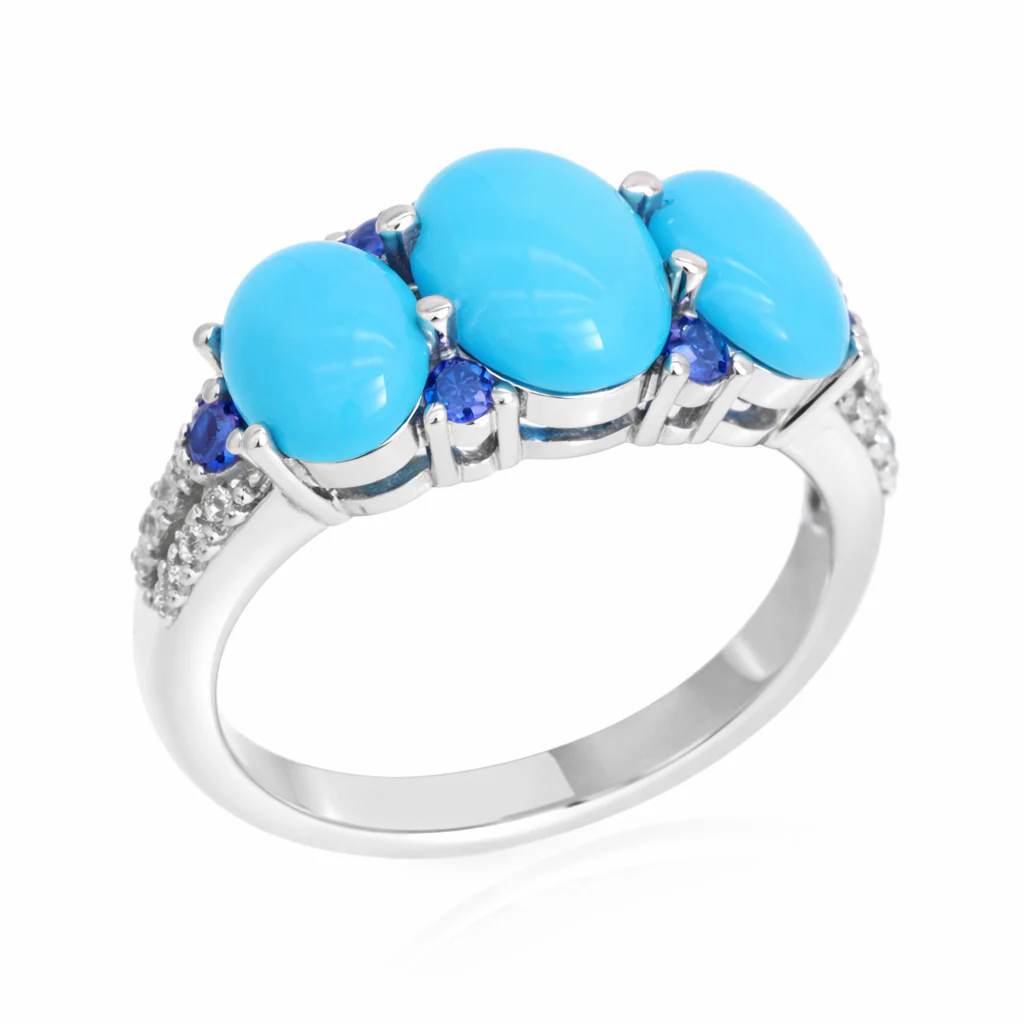 Sterling Silver 3-Stone Sleeping Beauty Turq & Ceylon Sapphire Ring - Image 2