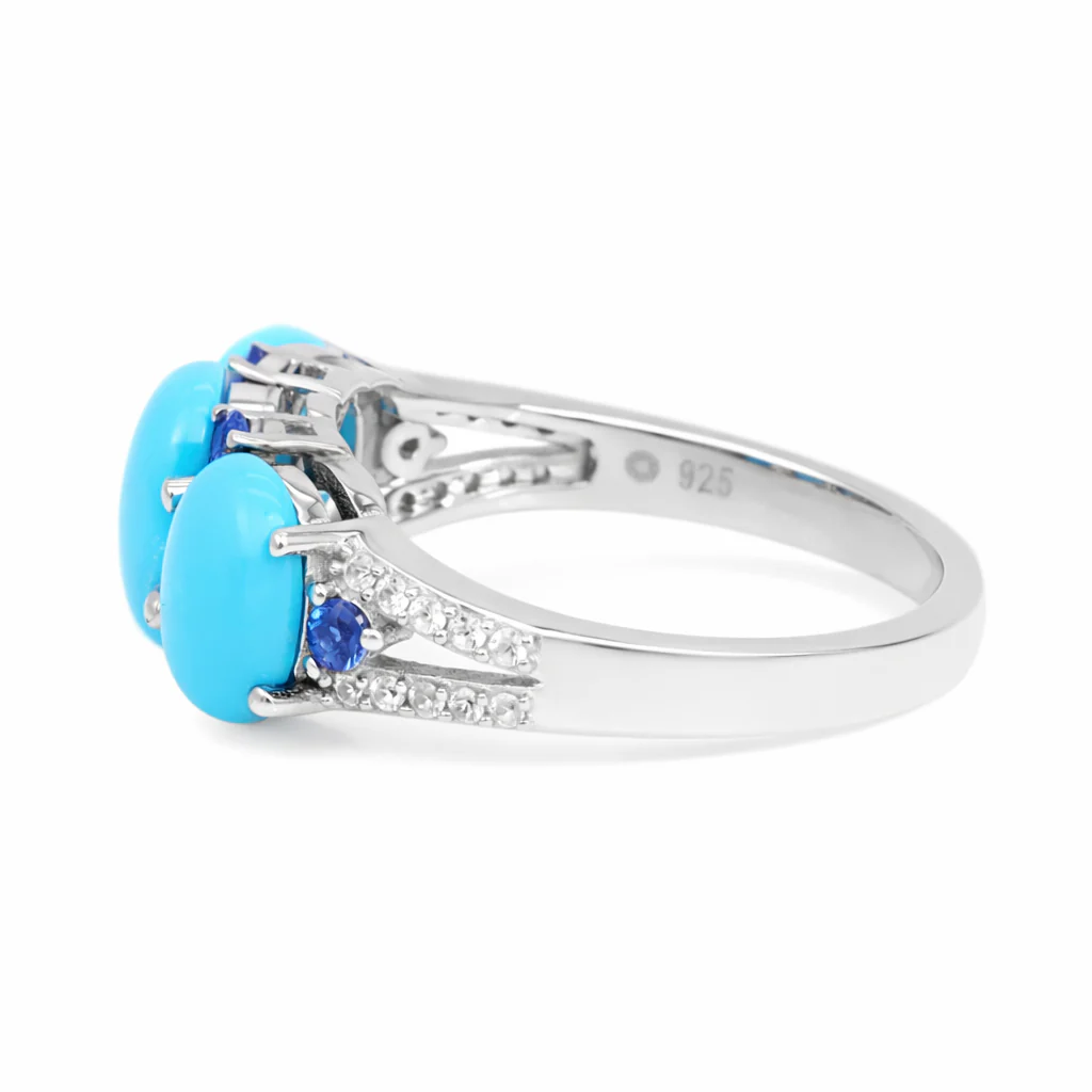 Sterling Silver 3-Stone Sleeping Beauty Turq & Ceylon Sapphire Ring - Image 3