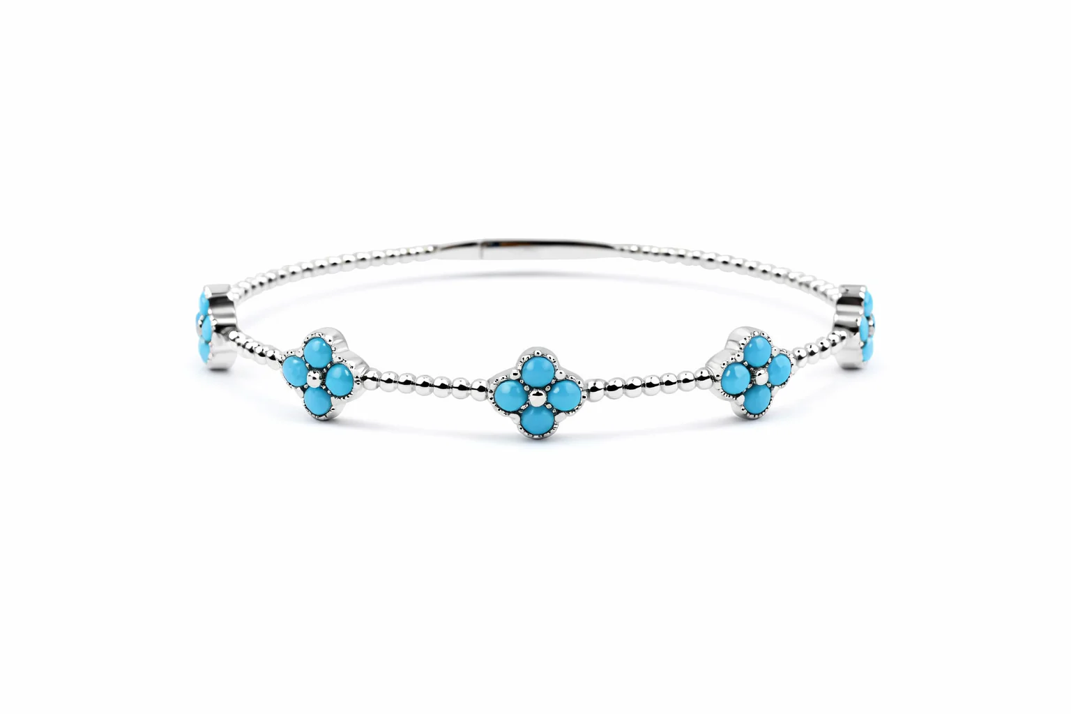 Sterling Silver 3mm Round Sleeping Beauty Turq Cluster Beaded Bangle Bracelet - Image 2