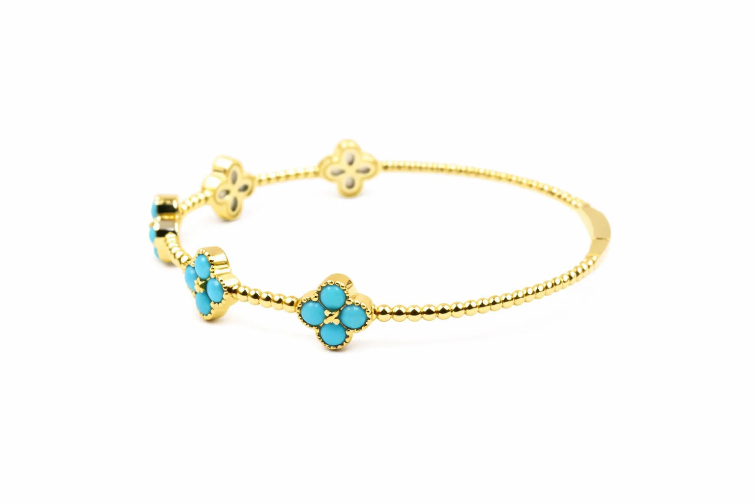 Sterling Silver 3mm Round Sleeping Beauty Turq Cluster Beaded Bangle Bracelet - Image 5