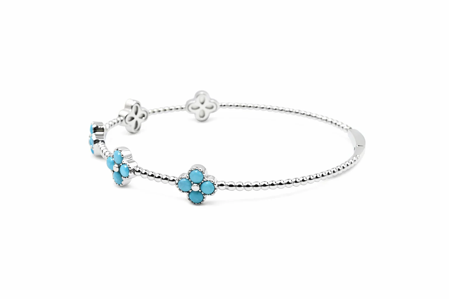 Sterling Silver 3mm Round Sleeping Beauty Turq Cluster Beaded Bangle Bracelet - Image 6