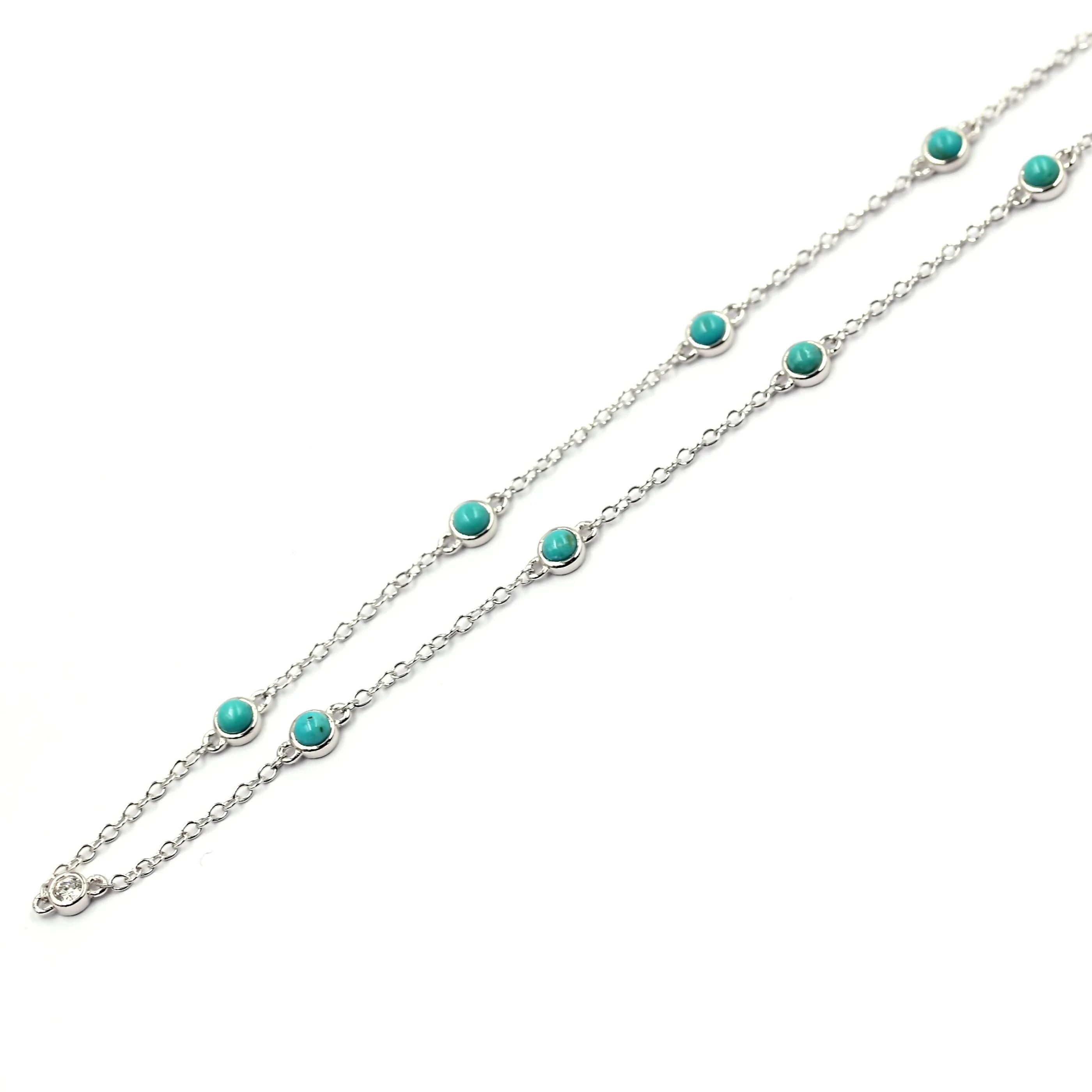 Sterling Silver 3mm Sleeping Beauty Turq & Bezel-Set White Topaz Station 16" Necklace + 2" Ext - Image 4