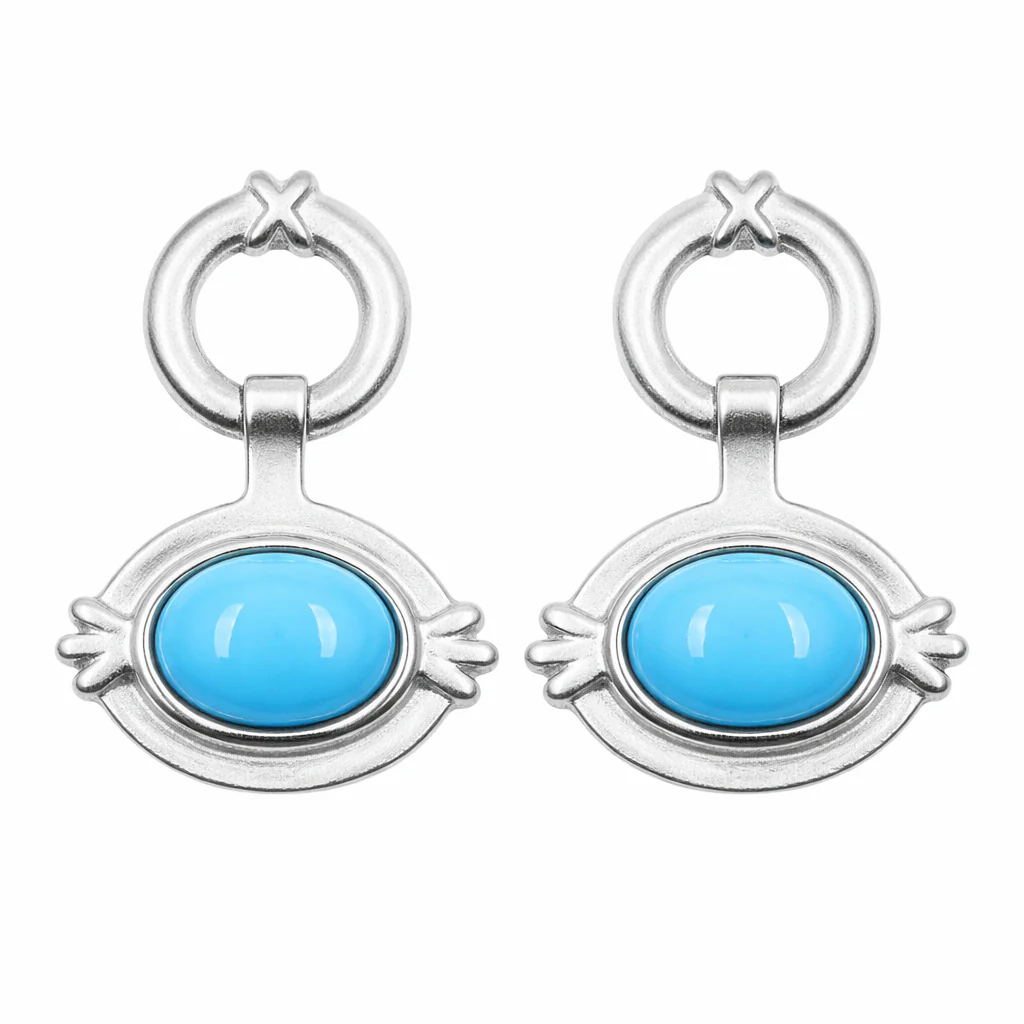 Sterling Silver 8x6mm Oval Sleeping Beauty Turq East-West Hoop Drop Earrings - Image 2