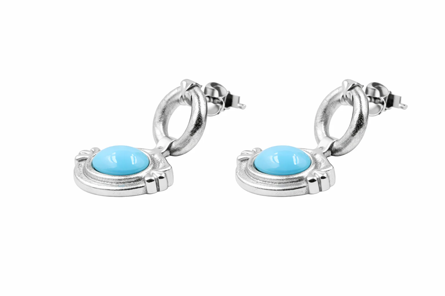 Sterling Silver 8x6mm Oval Sleeping Beauty Turq East-West Hoop Drop Earrings - Image 4