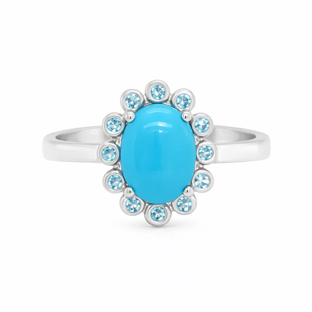 Sterling Silver 8x6mm Sleeping Beauty Turq Bezel-Set Gemstone Halo Ring - Image 2