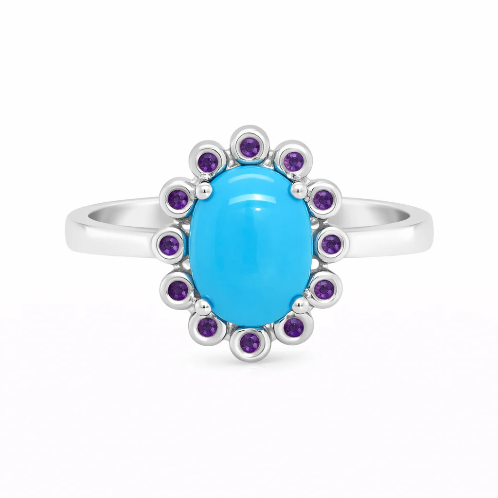 Sterling Silver 8x6mm Sleeping Beauty Turq Bezel-Set Gemstone Halo Ring - Image 3