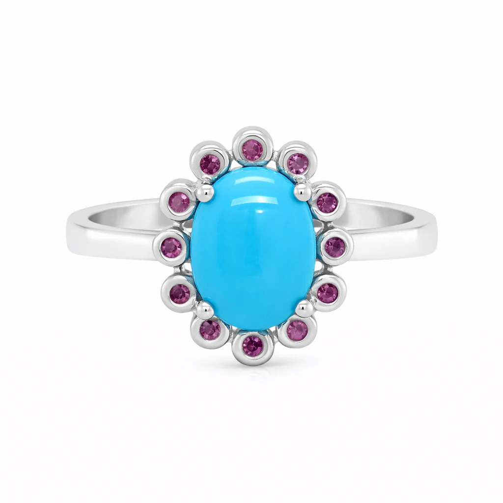 Sterling Silver 8x6mm Sleeping Beauty Turq Bezel-Set Gemstone Halo Ring - Image 4