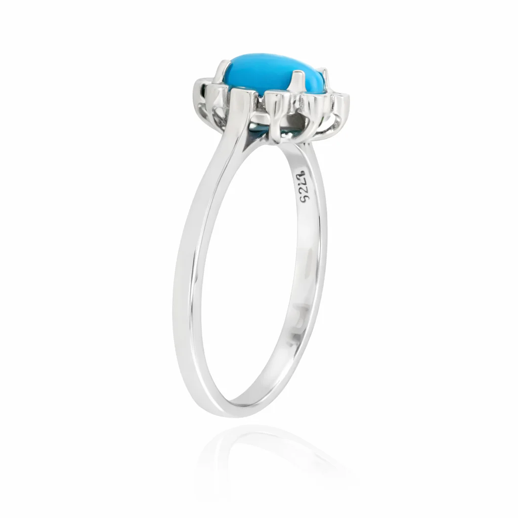 Sterling Silver 8x6mm Sleeping Beauty Turq Bezel-Set Gemstone Halo Ring - Image 5