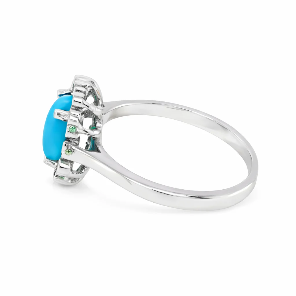 Sterling Silver 8x6mm Sleeping Beauty Turq Bezel-Set Gemstone Halo Ring - Image 7