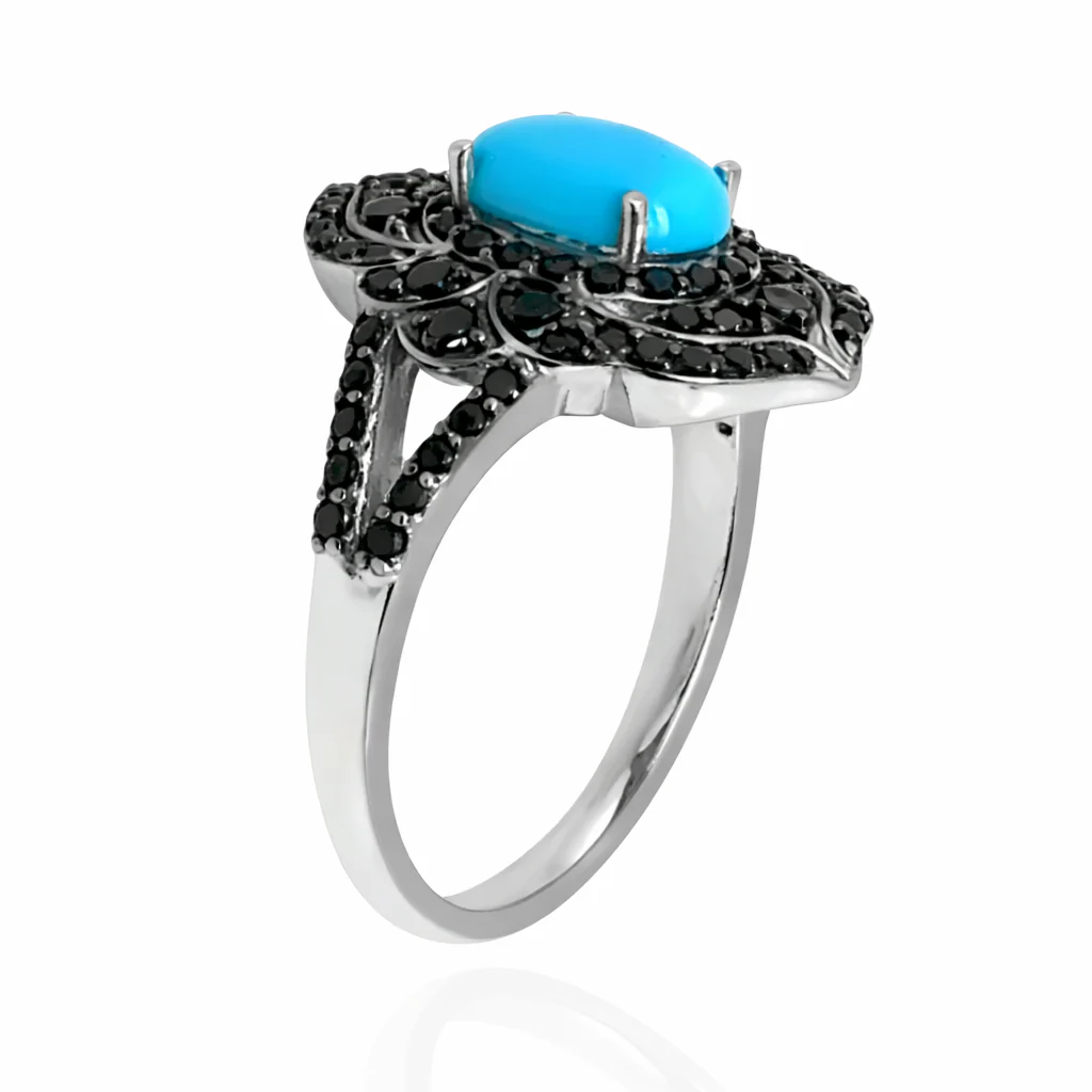 Sterling Silver 8x6mm Sleeping Beauty Turq & Black Spinel Pave Ring - Image 2