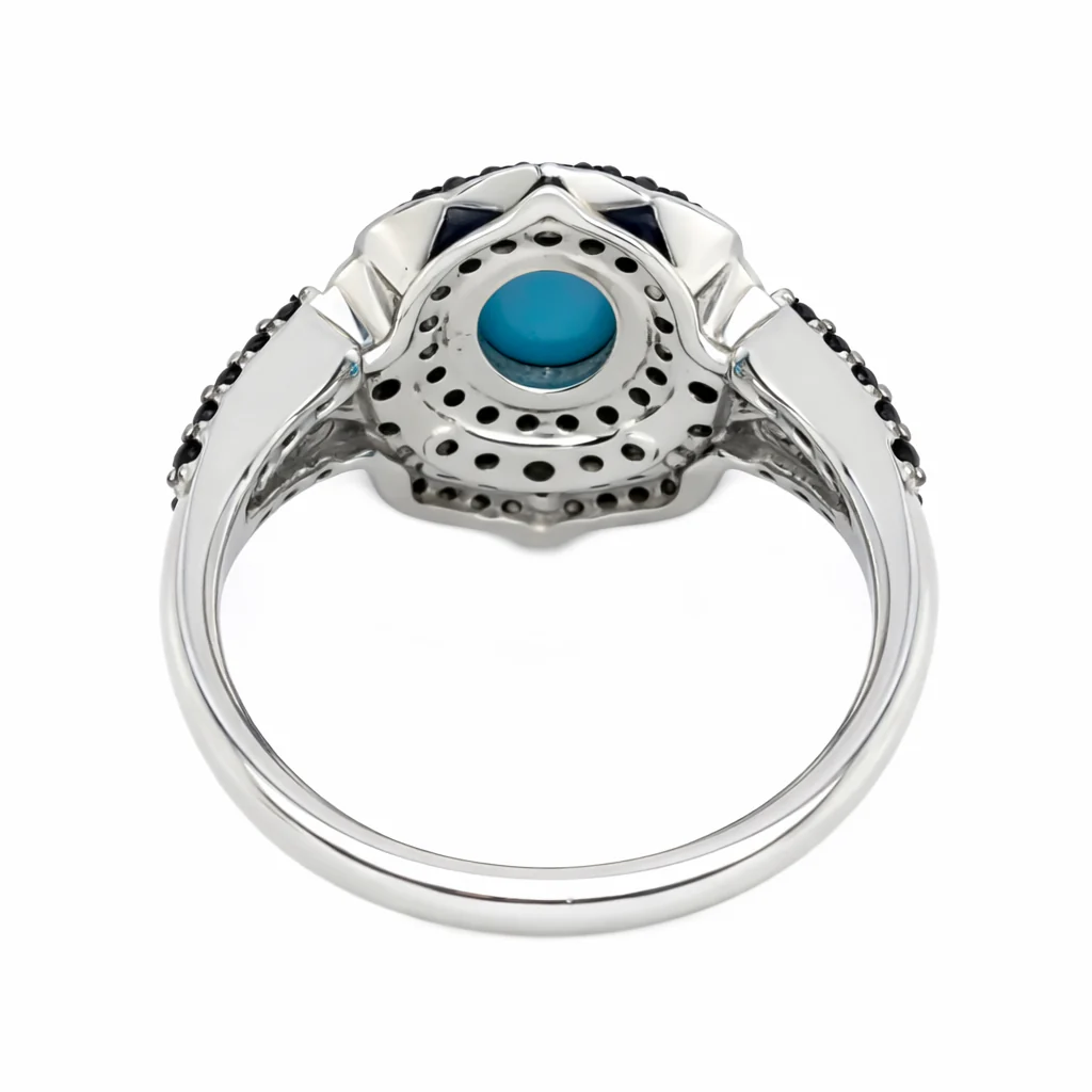 Sterling Silver 8x6mm Sleeping Beauty Turq & Black Spinel Pave Ring - Image 3