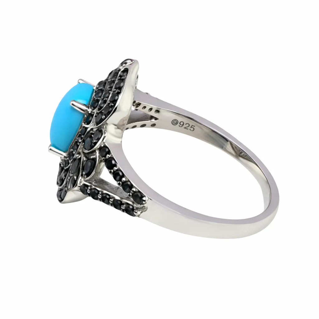 Sterling Silver 8x6mm Sleeping Beauty Turq & Black Spinel Pave Ring - Image 4