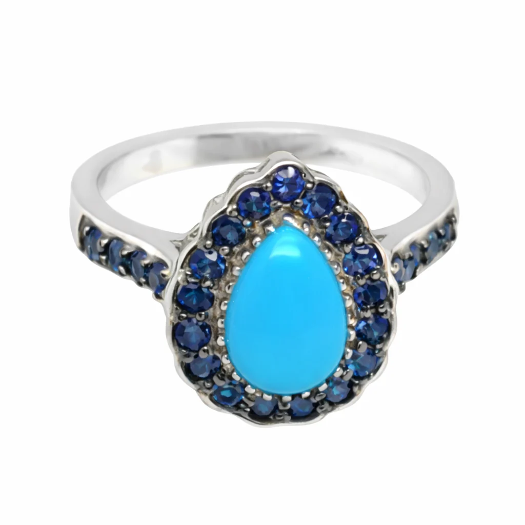 Sterling Silver 9x6mm Pear-Shaped Sleeping Beauty Turq & Ceylon Sapphire Halo Ring - Image 2