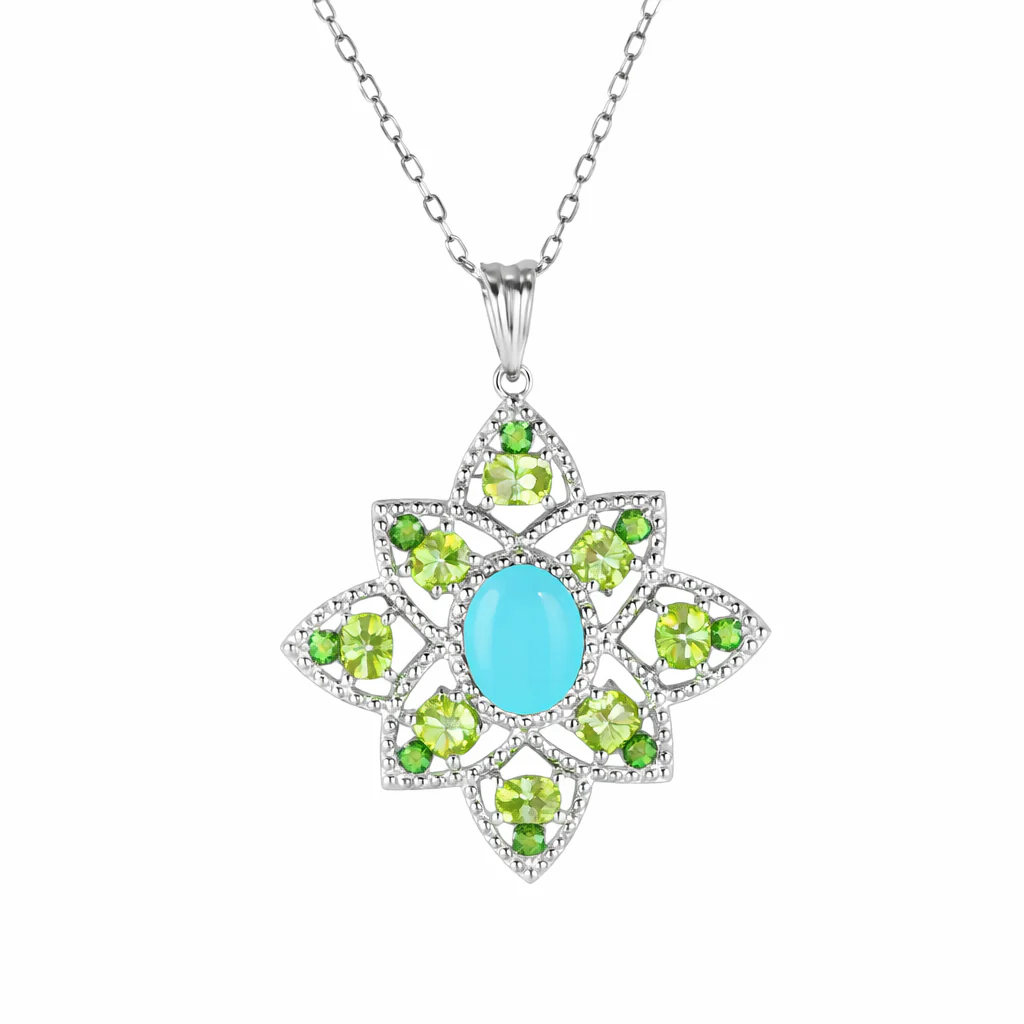 Sterling Silver 9x7mm Sleeping Beauty & Exotic Gemstone Floral Pendant with Chain - Image 2