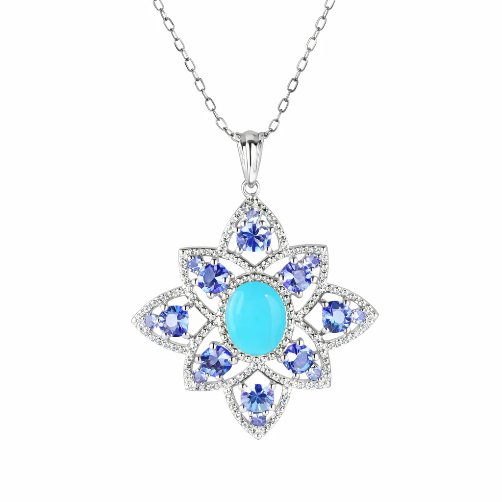 Sterling Silver 9x7mm Sleeping Beauty & Exotic Gemstone Floral Pendant with Chain - Image 3