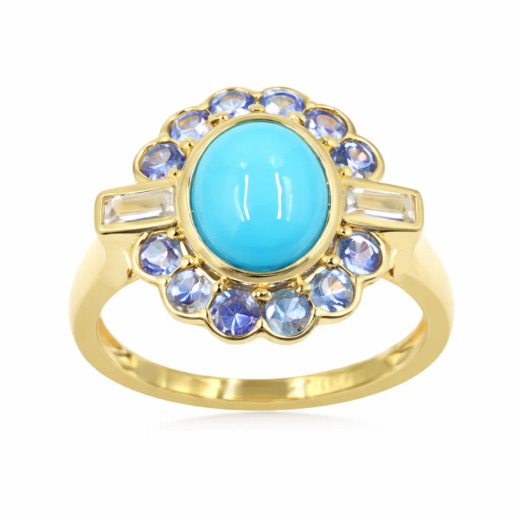 Sterling Silver 9x7mm Sleeping Beauty Turq & Ceylon Sapphire Halo Ring - Image 2