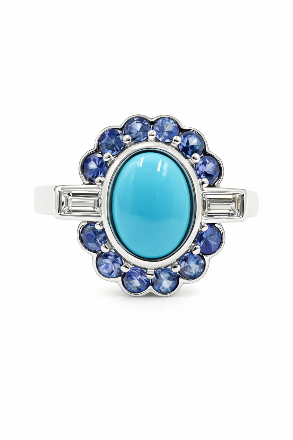 Sterling Silver 9x7mm Sleeping Beauty Turq & Ceylon Sapphire Halo Ring - Image 3