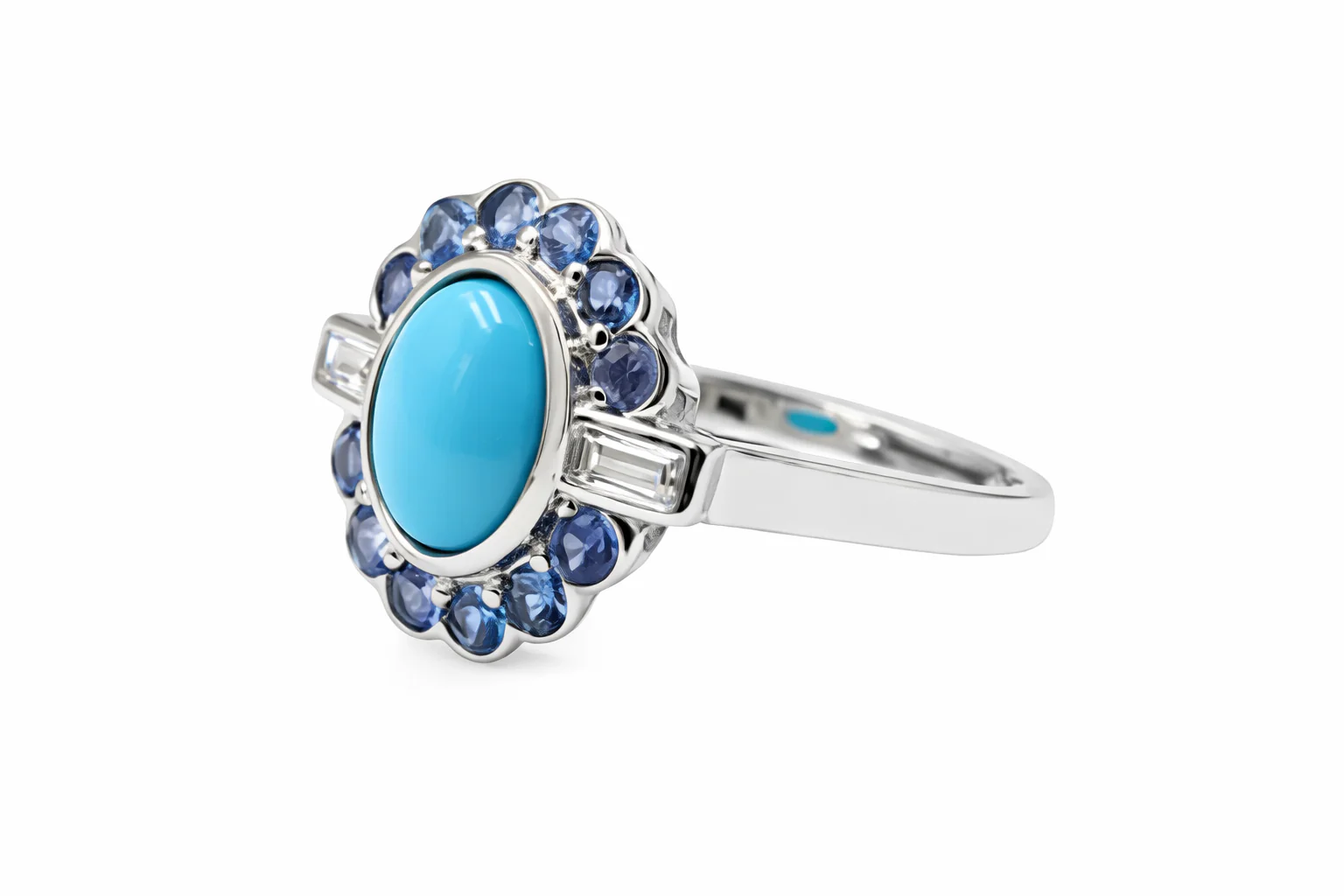 Sterling Silver 9x7mm Sleeping Beauty Turq & Ceylon Sapphire Halo Ring - Image 4