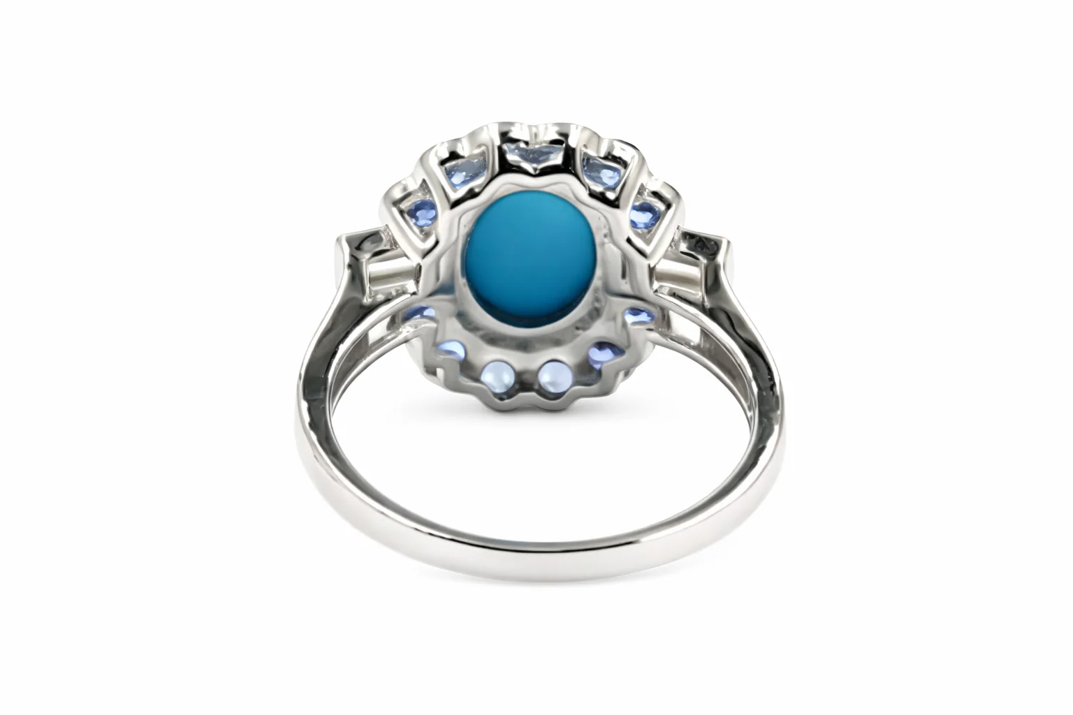 Sterling Silver 9x7mm Sleeping Beauty Turq & Ceylon Sapphire Halo Ring - Image 5