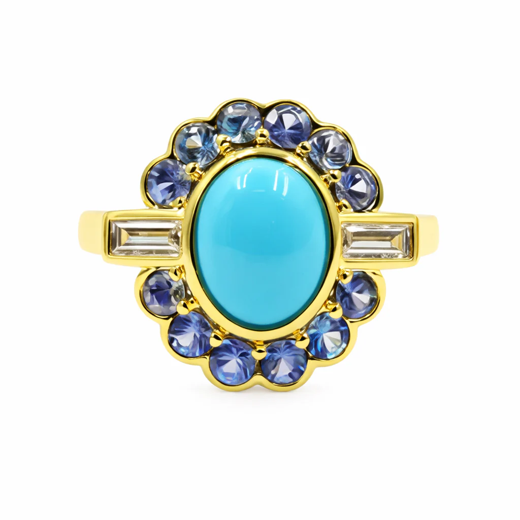 Sterling Silver 9x7mm Sleeping Beauty Turq & Ceylon Sapphire Halo Ring - Image 6