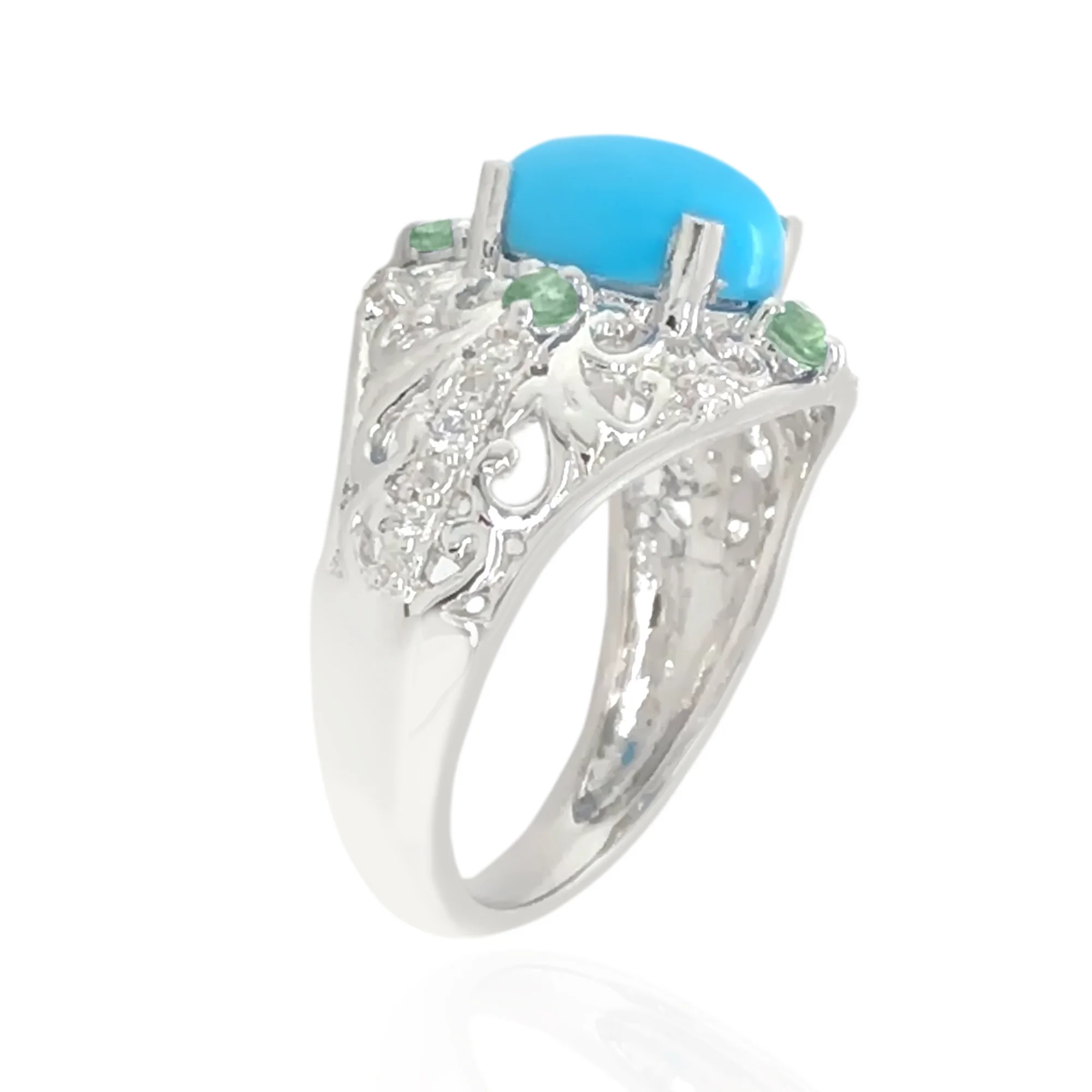 Sterling Silver 9x7mm Sleeping Beauty Turq & Exotic Gem Accent Filigree Ring - Image 2