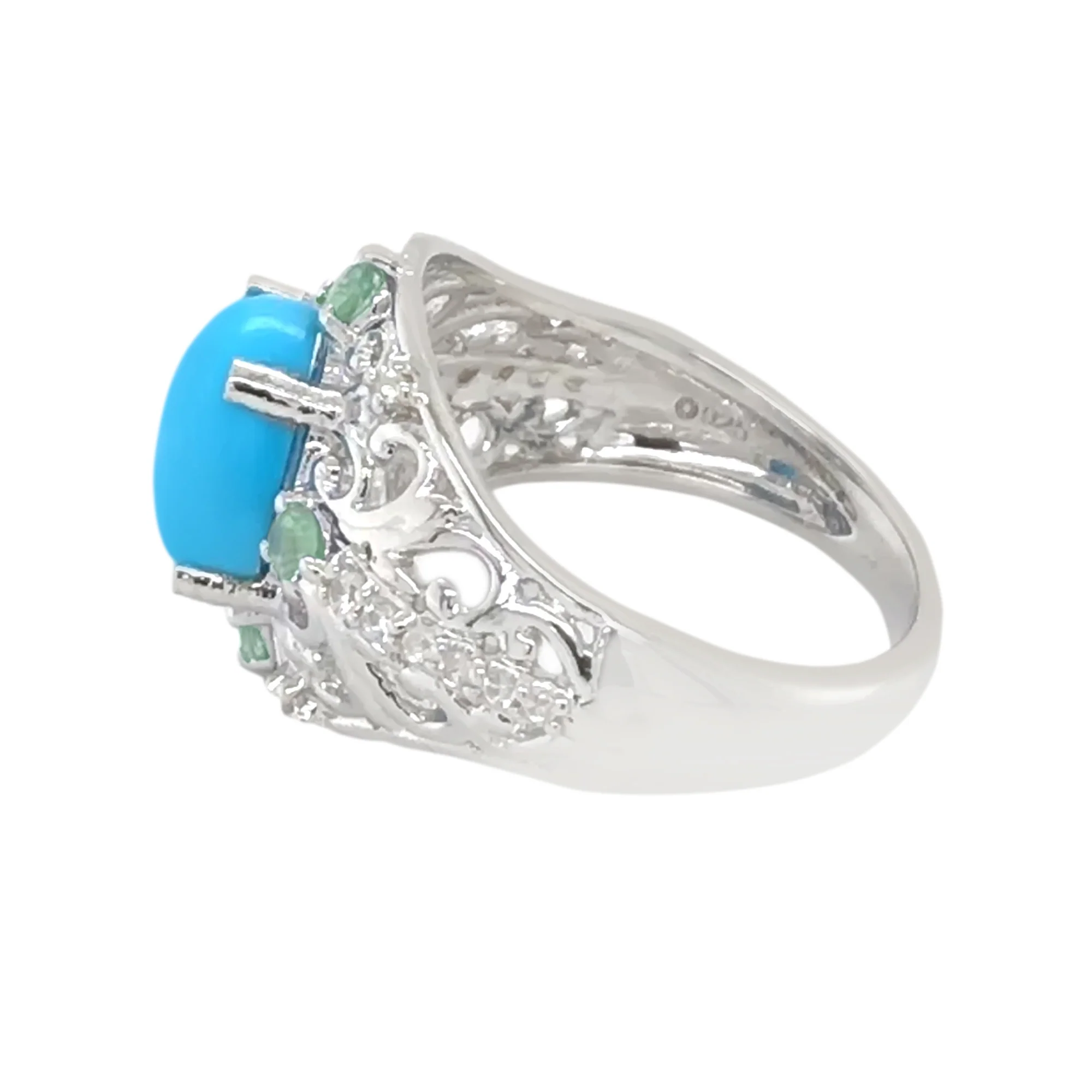 Sterling Silver 9x7mm Sleeping Beauty Turq & Exotic Gem Accent Filigree Ring - Image 4