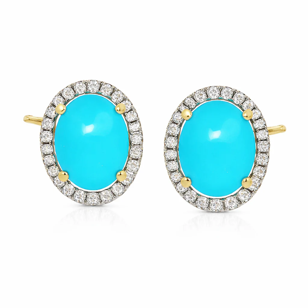 Sterling Silver 9x7mm Sleeping Beauty Turq & Lab-Grown Diamond Halo Stud Earrings - Image 2